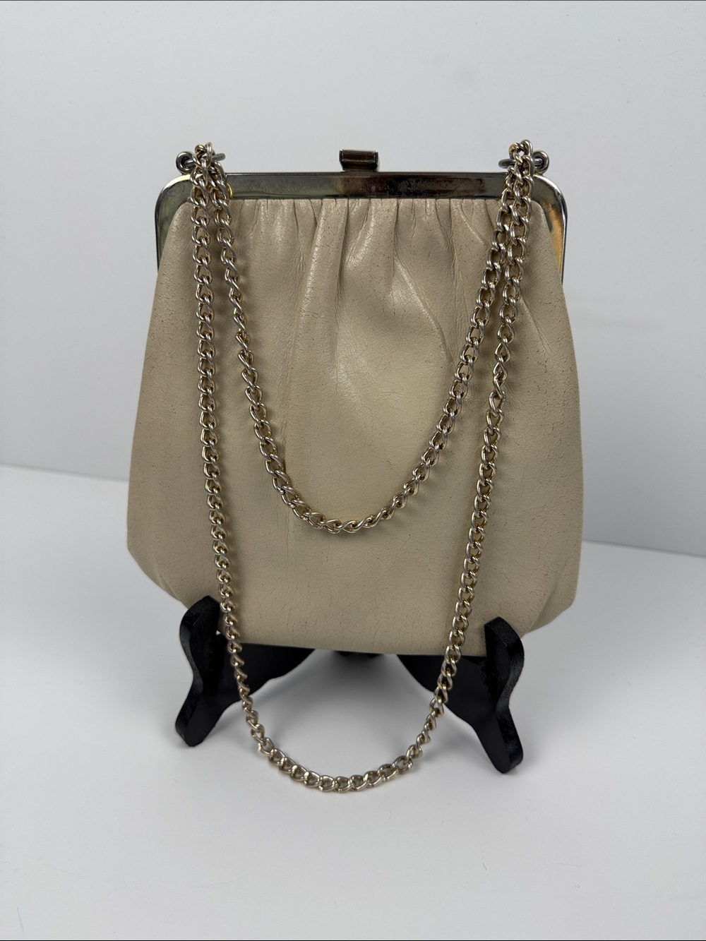 Vintage Leather Chain-Handle Evening Bag in Cream